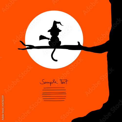 Witch-Cat Sitting On A Tree & Full Moon