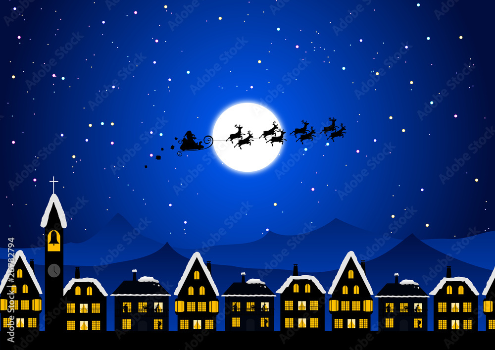 Naklejka premium Santa Claus flying in the Christmas night