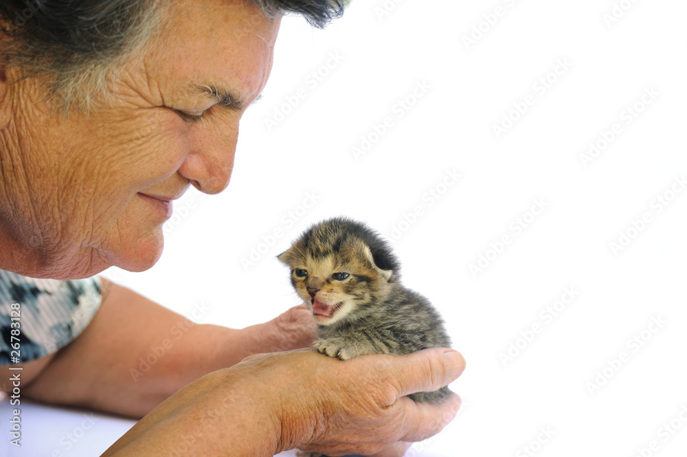 Senior woman holding kitten
