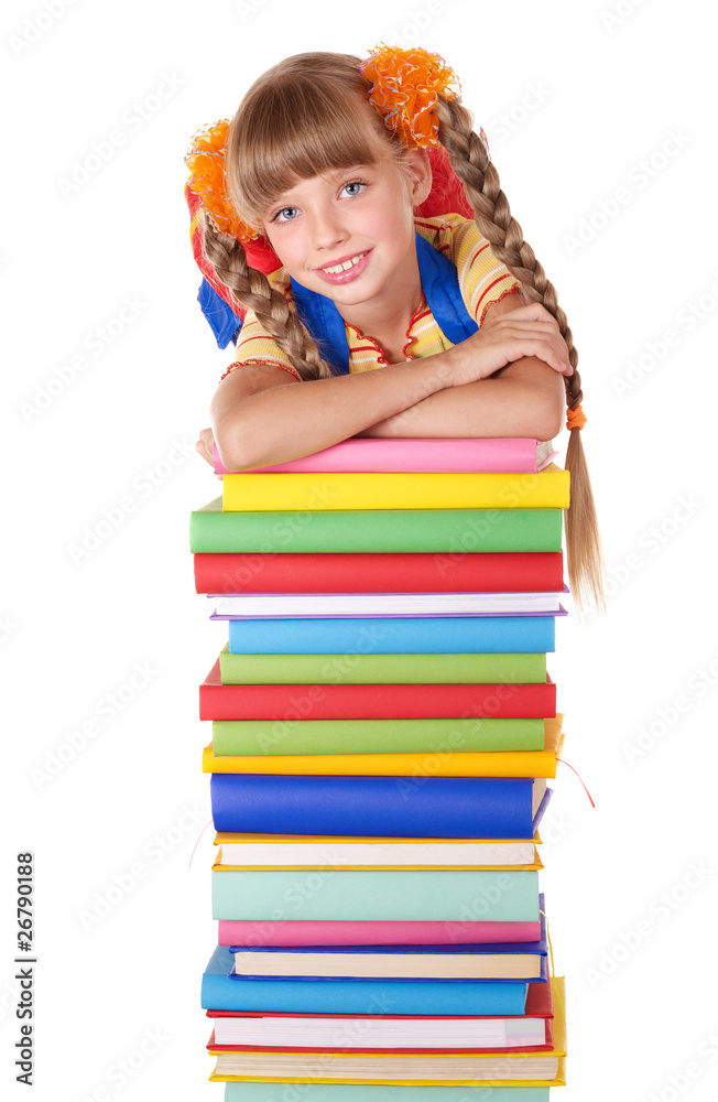 Schoolgirl with backpack holding pile of books. Schoolgirl with backpack holding pile of books.