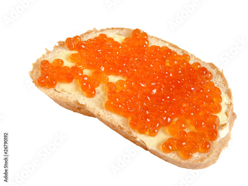 Sandwich with red caviar isolated on white
