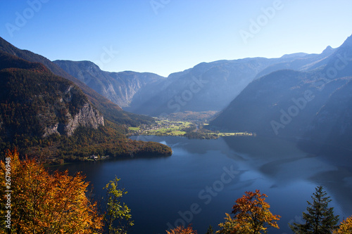 Mountain lake and autumn leaves in Austria, Hallstattersee