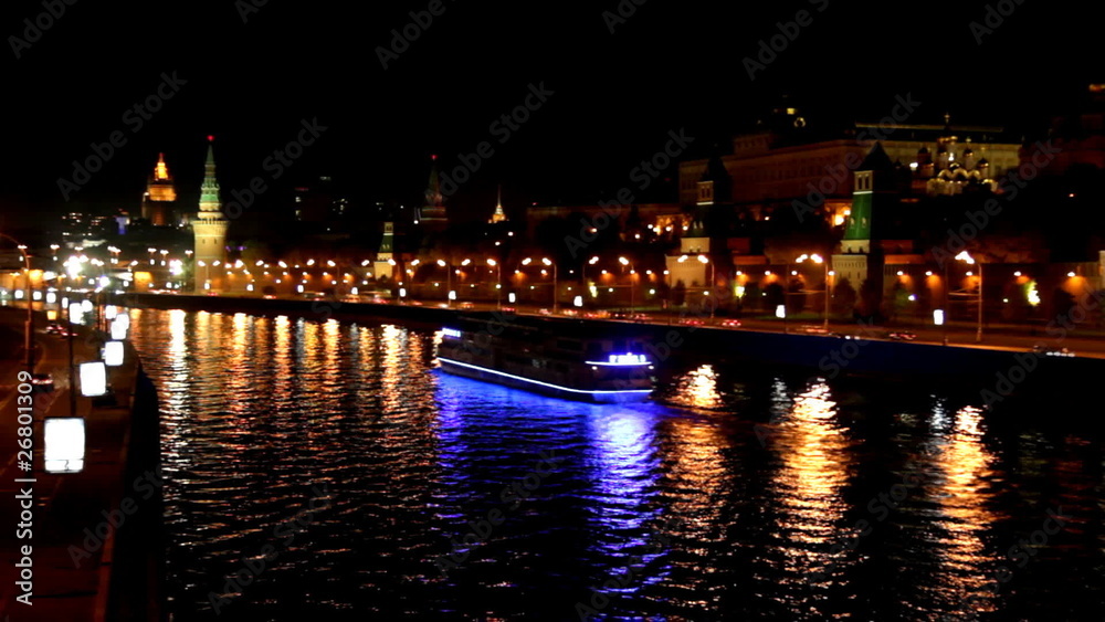 Moscow Kremlin river night landscape with ships