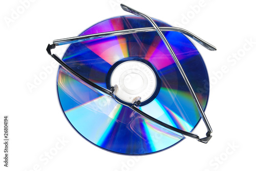 DVD with glasses on white background