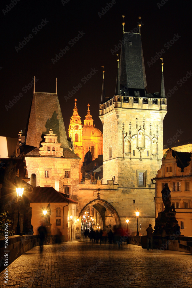 Night Prague St. Nicholas' Cathedral and the Bridge Tower