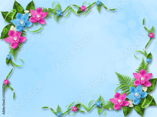 Card for invitation or congratulation with blue and pink orchids