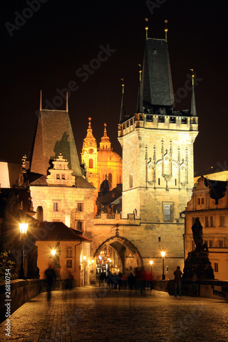 Night Prague St. Nicholas' Cathedral and the Bridge Tower