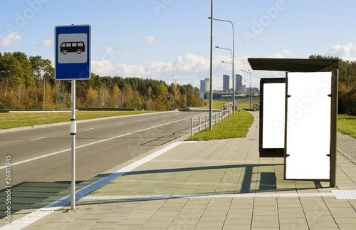 Bus stop on a high-speed  highway  near to a megacity