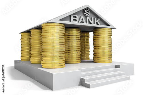 Bank institution icon with gold coins columns