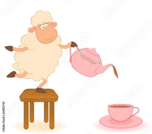 cartoon sheep pours tea from a tea-pot in a cup