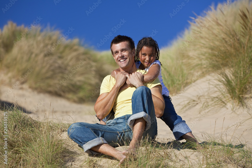 Man & Girl, Happy Father and Daughter Playing At Beach Man & Girl, Happy Father and Daughter Playing At Beach