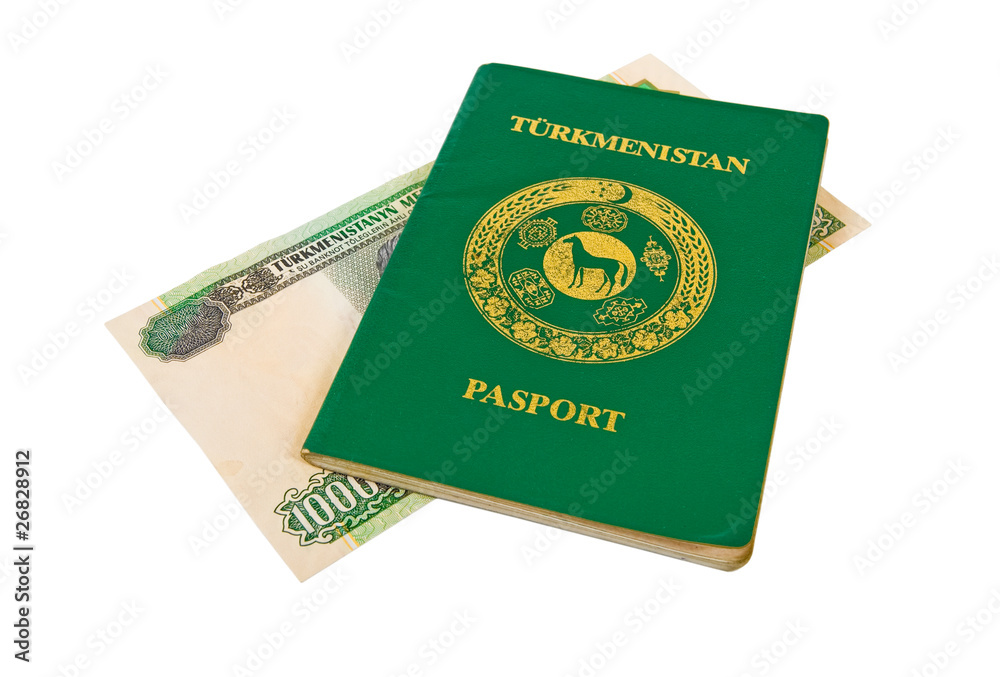 Fototapeta premium Turkmenistan passport and money on white background