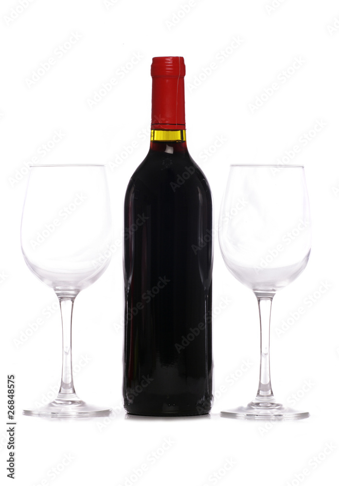 Bottle of red wine with two wine glasses