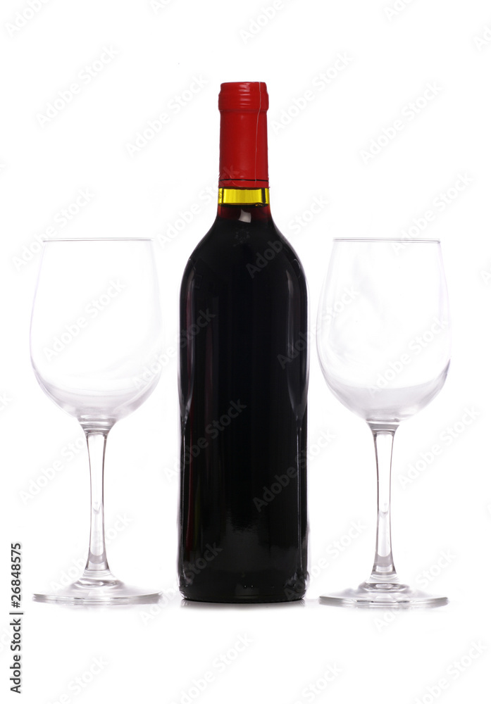 Bottle of red wine with two wine glasses Bottle of red wine with two wine glasses