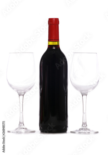 Bottle of red wine with two wine glasses