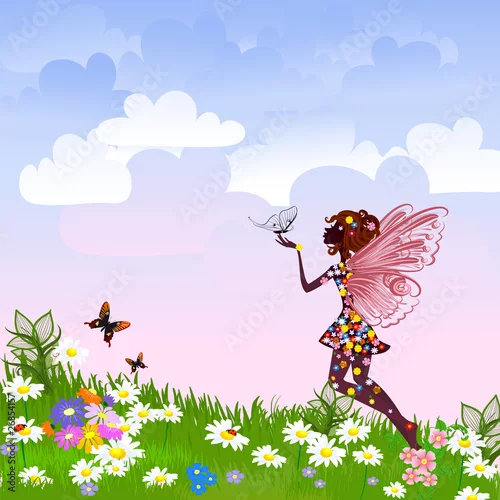 Obraz Niebieska Wróżka na kwiat łące