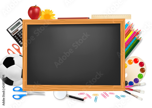 Black desk with school supplies. Vector.