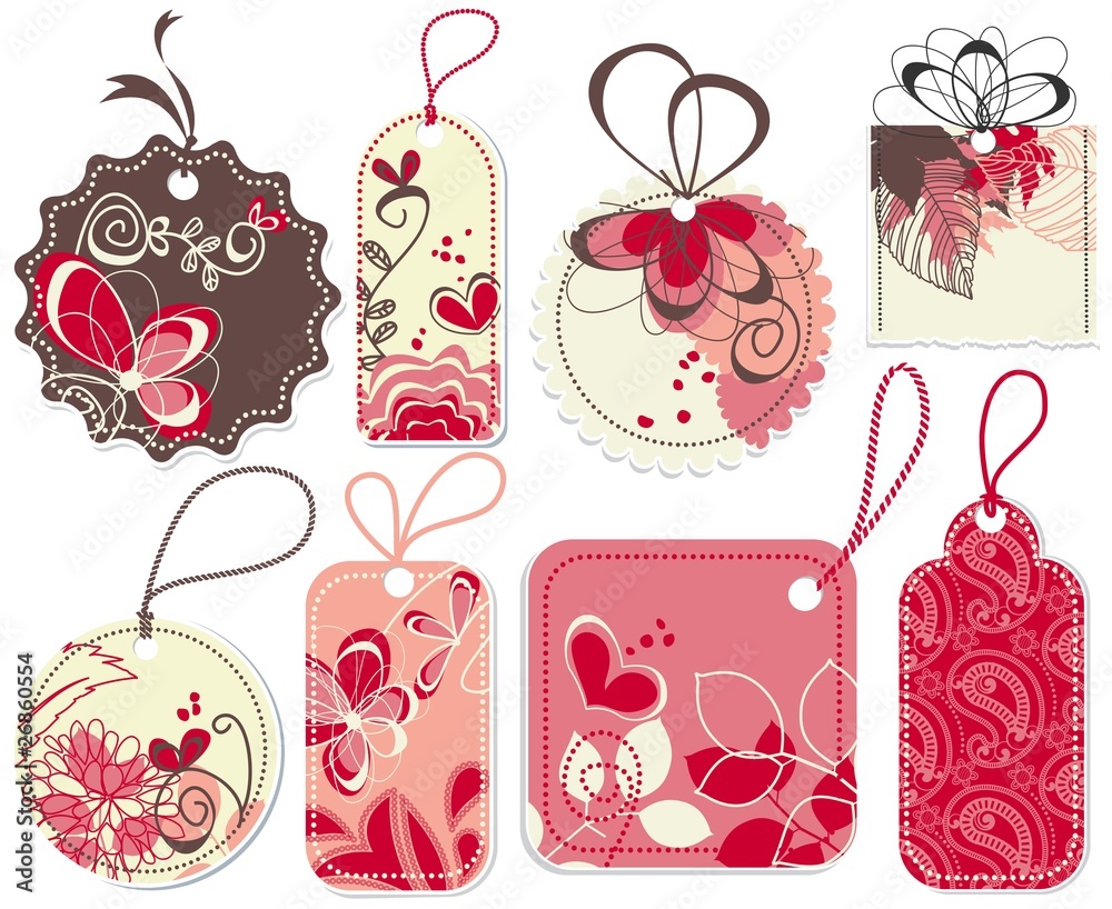 Cute price tags collection, flowers and hearts ornaments