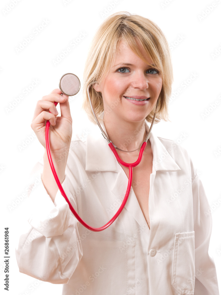 smiling doctor holding stethoscope isolated on white smiling doctor holding stethoscope isolated on white