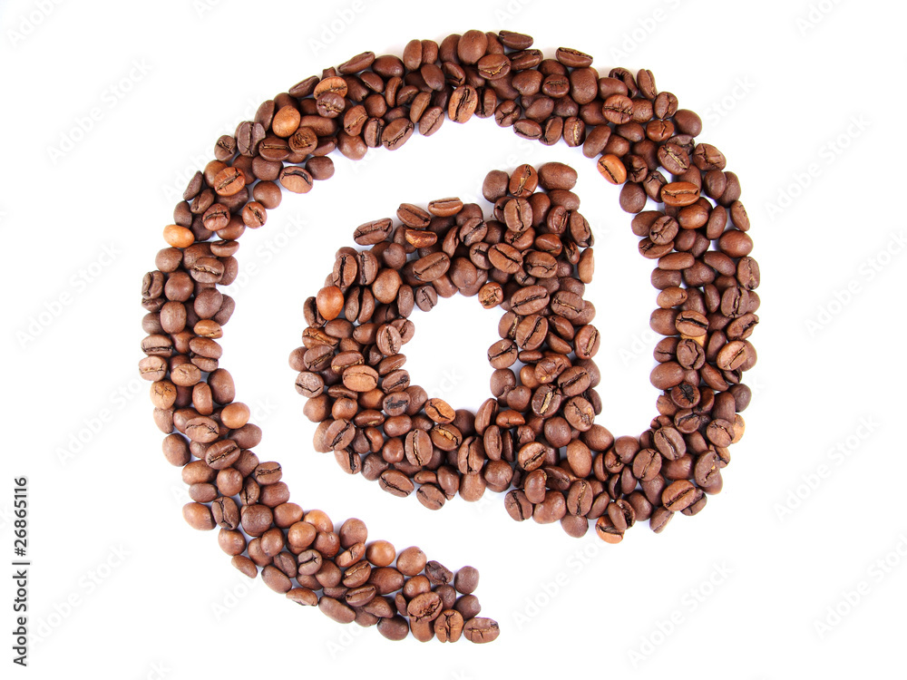 Email symbol with coffee beans on white background Email symbol with coffee beans on white background
