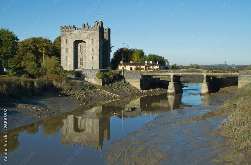 Bunratty castle in west Ireland with reflection
