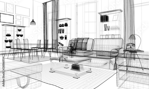 interno casa rendering 3d wireframe arredamento photo