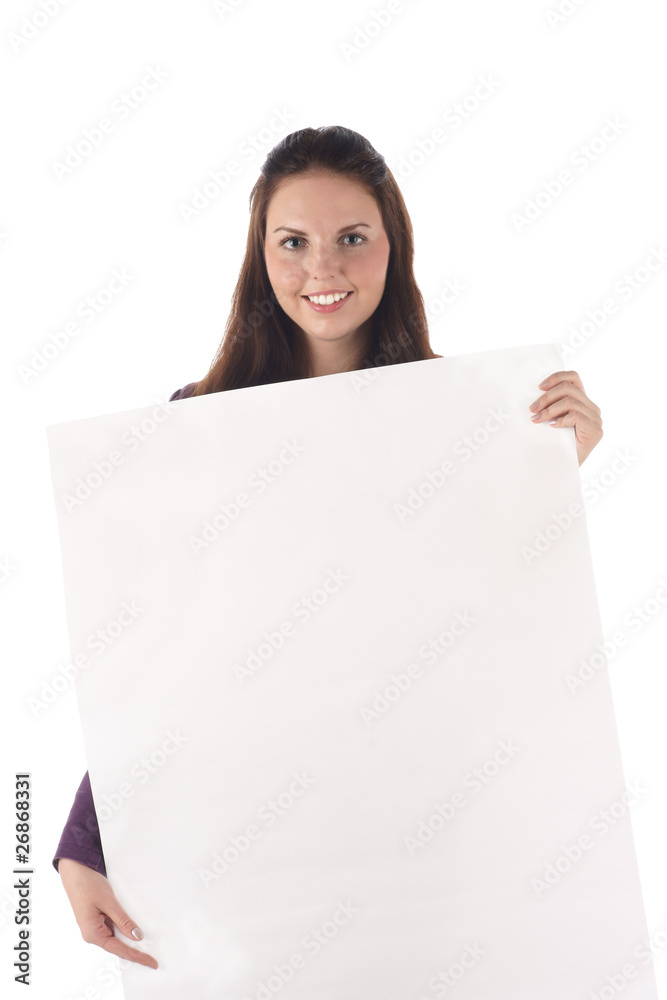 Smiling female holding big blank sign (isolated) Smiling female holding big blank sign (isolated)