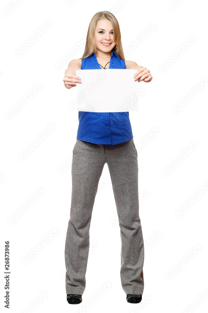 Happy young blonde holding empty white board. Isolated Happy young blonde holding empty white board. Isolated