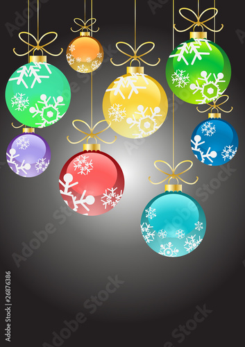 Christmas color balls with ribbons hanging