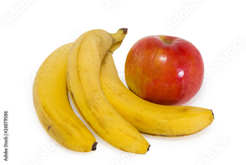 Bunch of bananas whith apple isolated on white background