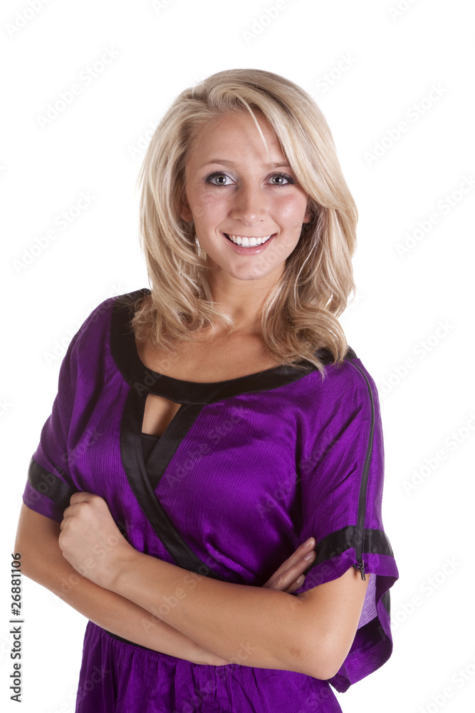 Woman upper body portrait purple smile Woman upper body portrait purple smile
