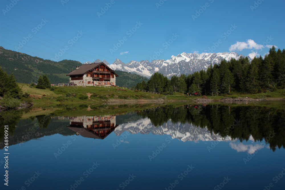 Mountain lake with house