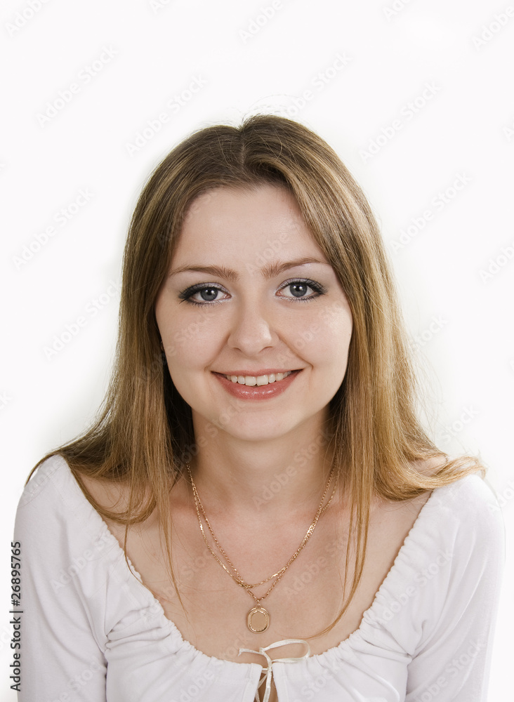 Beautiful woman smiles on a white background Beautiful woman smiles on a white background