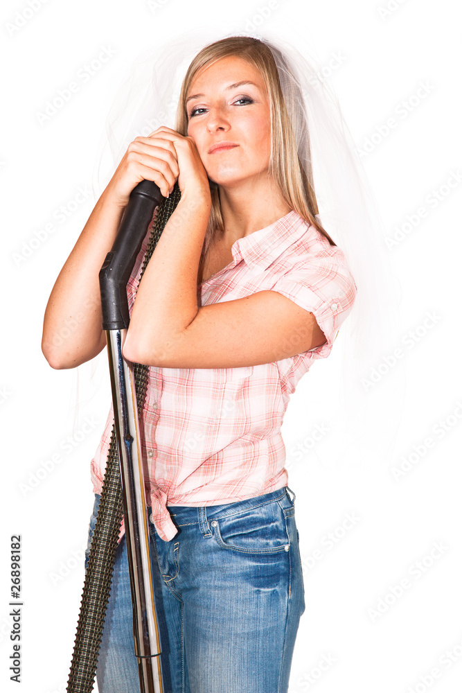 Woman in wedding veil with vacuum cleaner isolated on white Woman in wedding veil with vacuum cleaner isolated on white