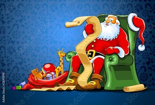 santa claus sitting in chair with sack of gift