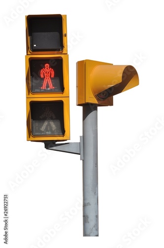 Semáforo de peatones en rojo con luz de alerta apagada