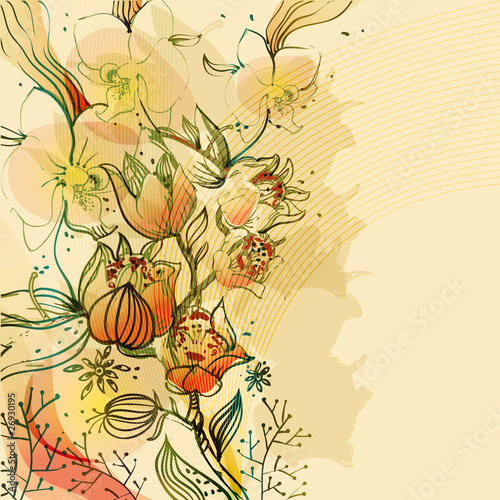 bright hand drawn background with  blossoming  flowers