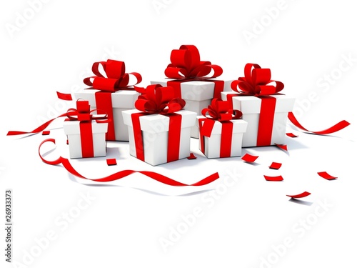 Presents with red ribbons isolated on white