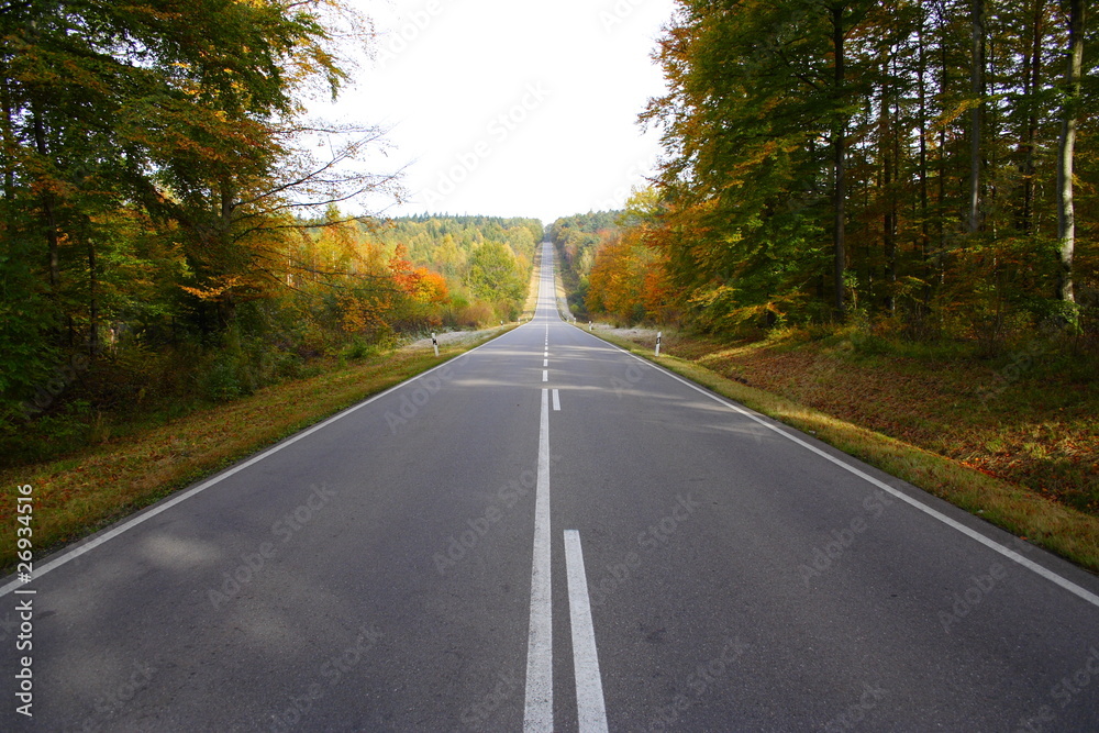 Straße durch den Wald im Herbst Straße durch den Wald im Herbst
