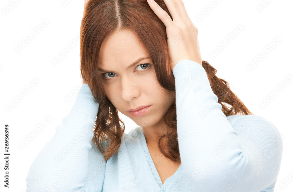 woman with hands on ears woman with hands on ears