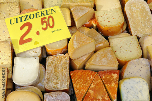 Photography Selection of dutch cheeses with price tag, Amsterdam