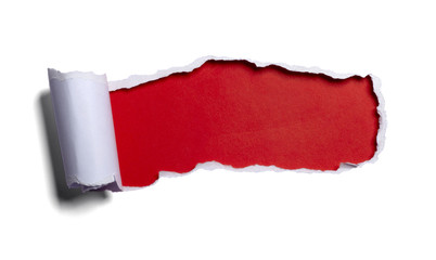 white paper ripped red black background opening