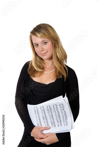 Young lady with scores on white background