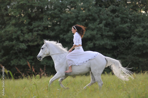 Giovane amazzone su un bianco cavallo photo
