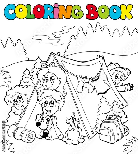 Coloring book with camping kids