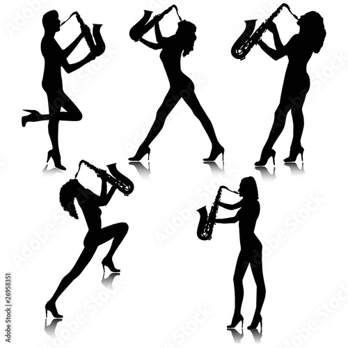 Girl with saxophone silhouettes.Vector