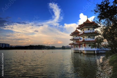 Twin Pagodas beside a lake