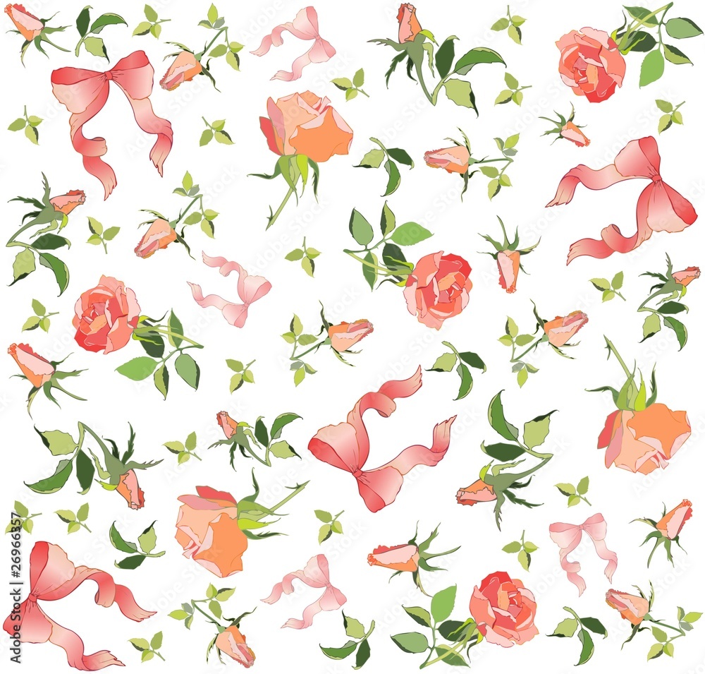 Retro floral background. Rose, bow.