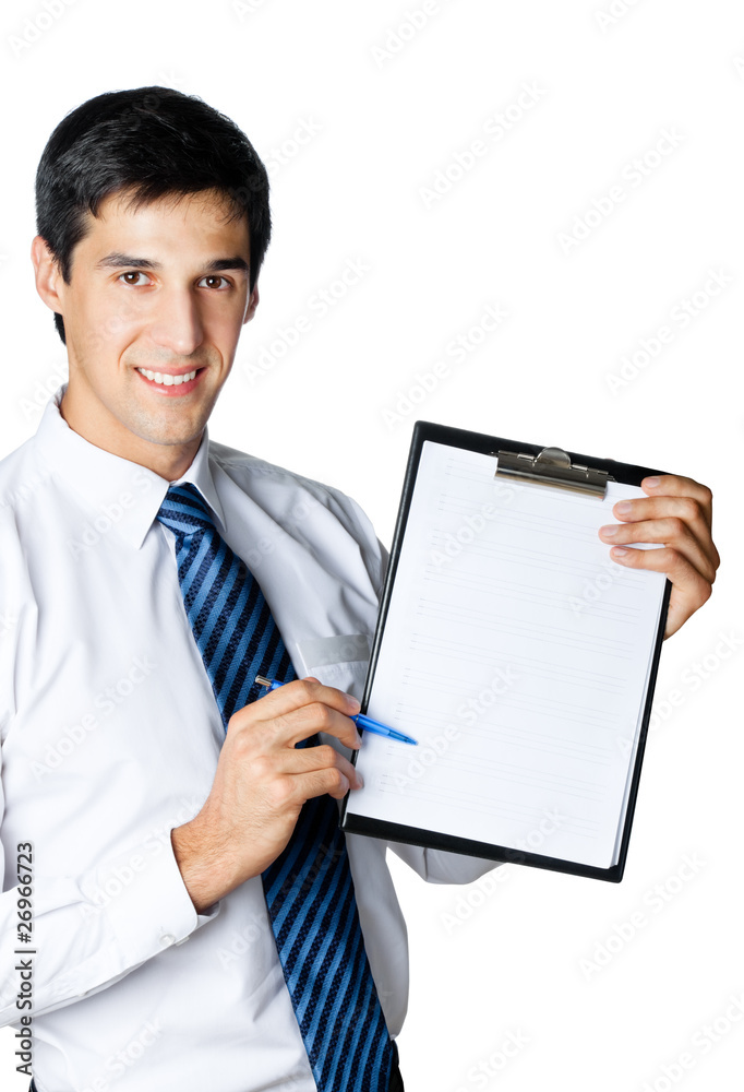 Businessman showing clipboard, isolated on white Businessman showing clipboard, isolated on white