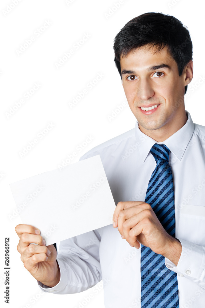 Businessman showing blank signboard, isolated on white Businessman showing blank signboard, isolated on white